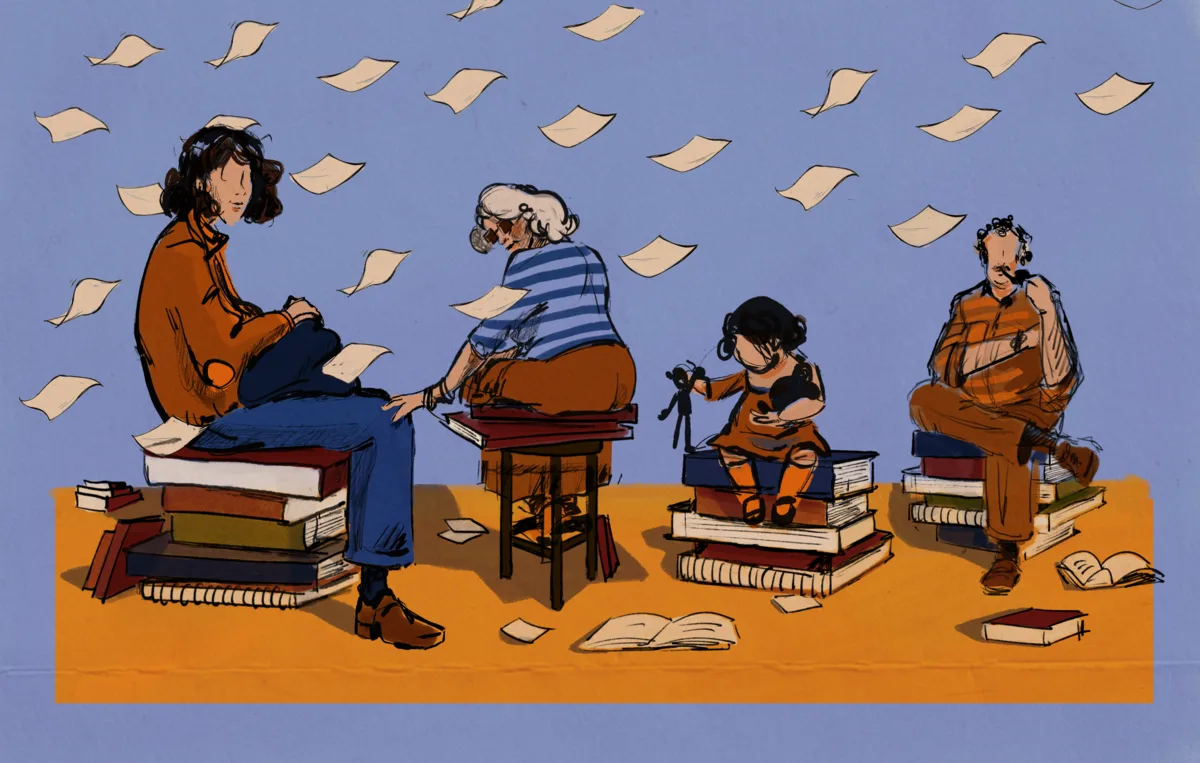Illustration : plusieurs générations assises sur des livres, des pages volent dans le ciel