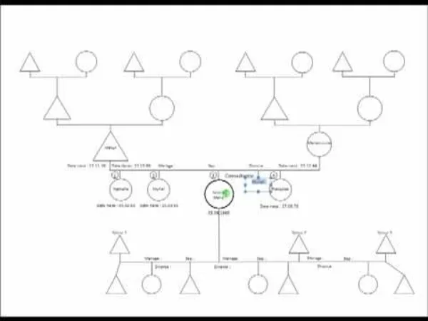 Schéma d'un génosociogramme représentant un arbre familial sur plusieurs générations